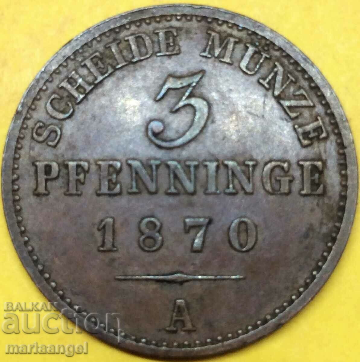 Prussia 3 pfennig 1870 Germany 24mm copper with price 18.00 BGN | € 9.20