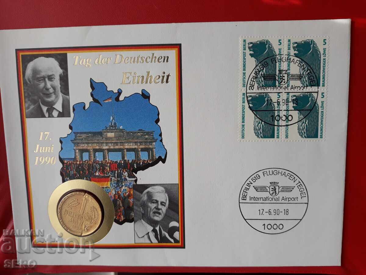 Germany - 1 Mark / Broken and Gold-Plated / and Postage Stamp in a Circular Envelope Germany - 1 Mark / Broken and Gold-Plated / and Postage Stamp in a Circular Envelope