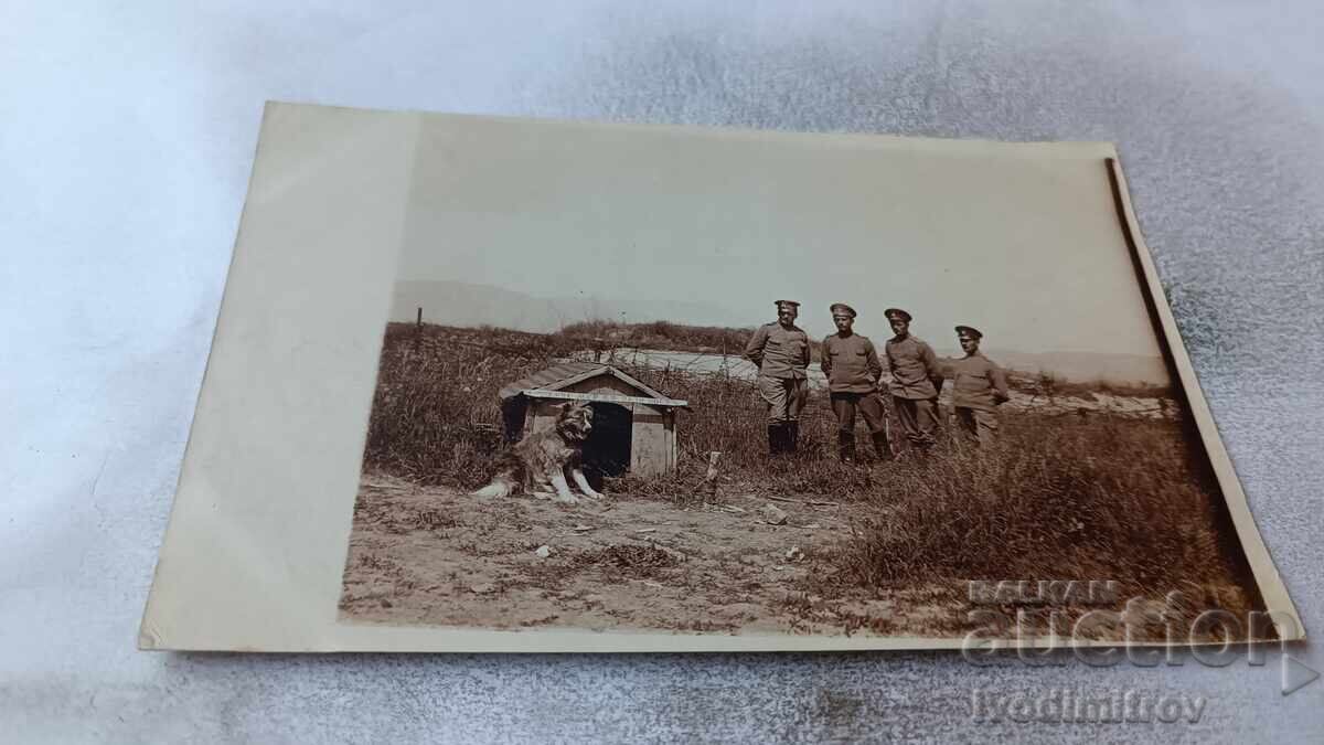 Photograph of Four Officers and Dog Murzho at the Front, 1918, WWI Photograph of Four Officers and Dog Murzho at the Front, 1918, WWI