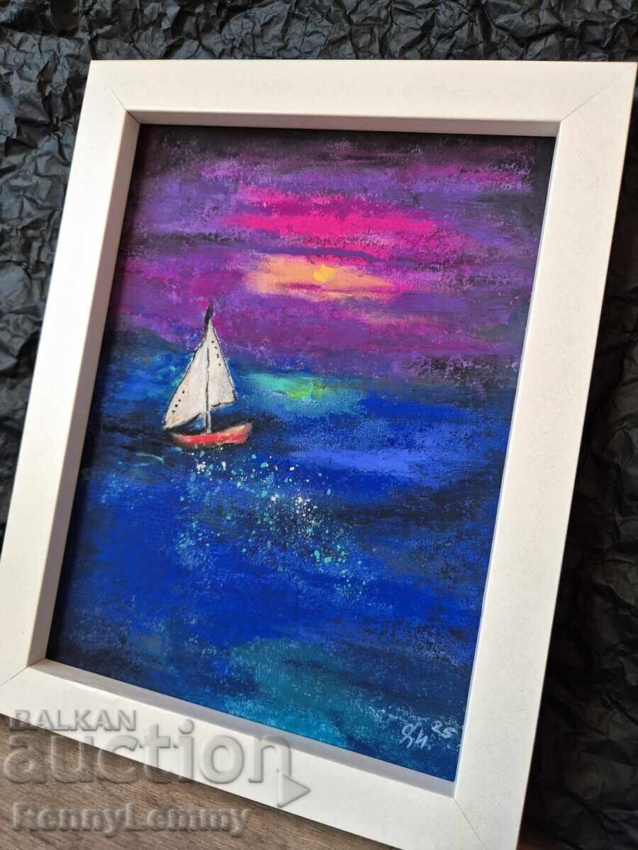 Licitație Mare de noapte, pictură pastel, original Licitație Mare de noapte, pictură pastel, original
