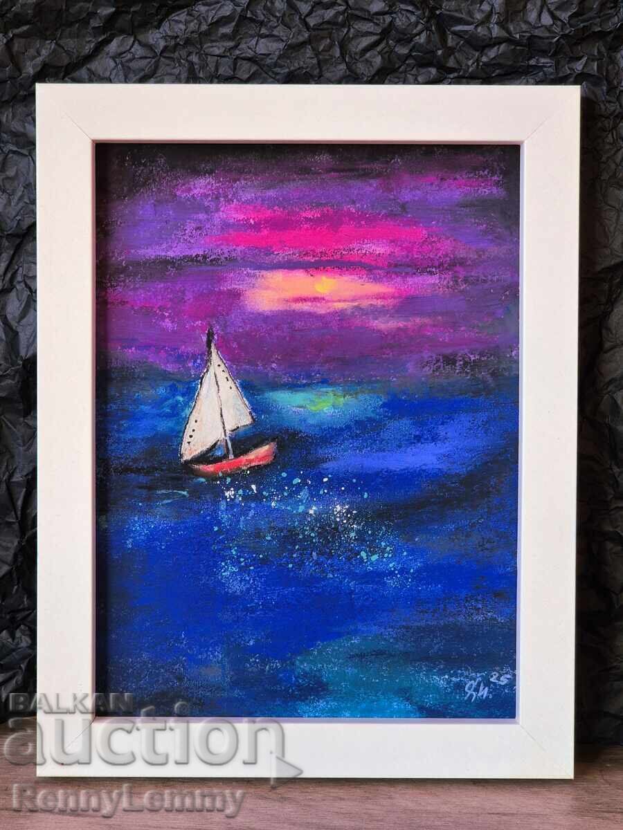 Mare de noapte, pictură pastel, original Mare de noapte, pictură pastel, original