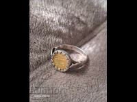 Ασημένιο δαχτυλίδι αντίκα με χρυσό νόμισμα