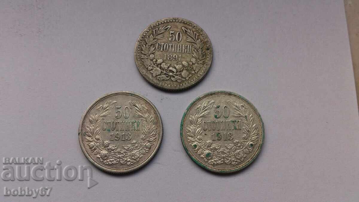 3 броя сребърни монети от 50 стотинки 1891 и 1913 година с цена 39.00 лв. | € 19.94