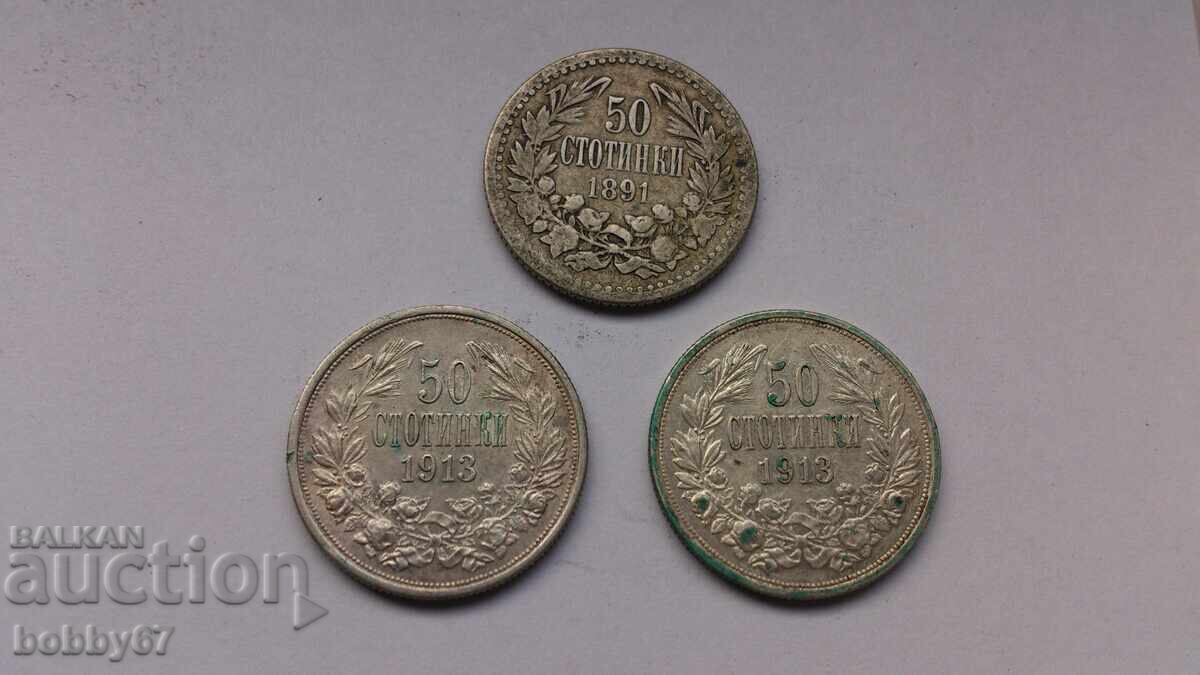 Auction 3 silver coins of 50 stotinki from 1891 and 1913 Auction 3 silver coins of 50 stotinki from 1891 and 1913
