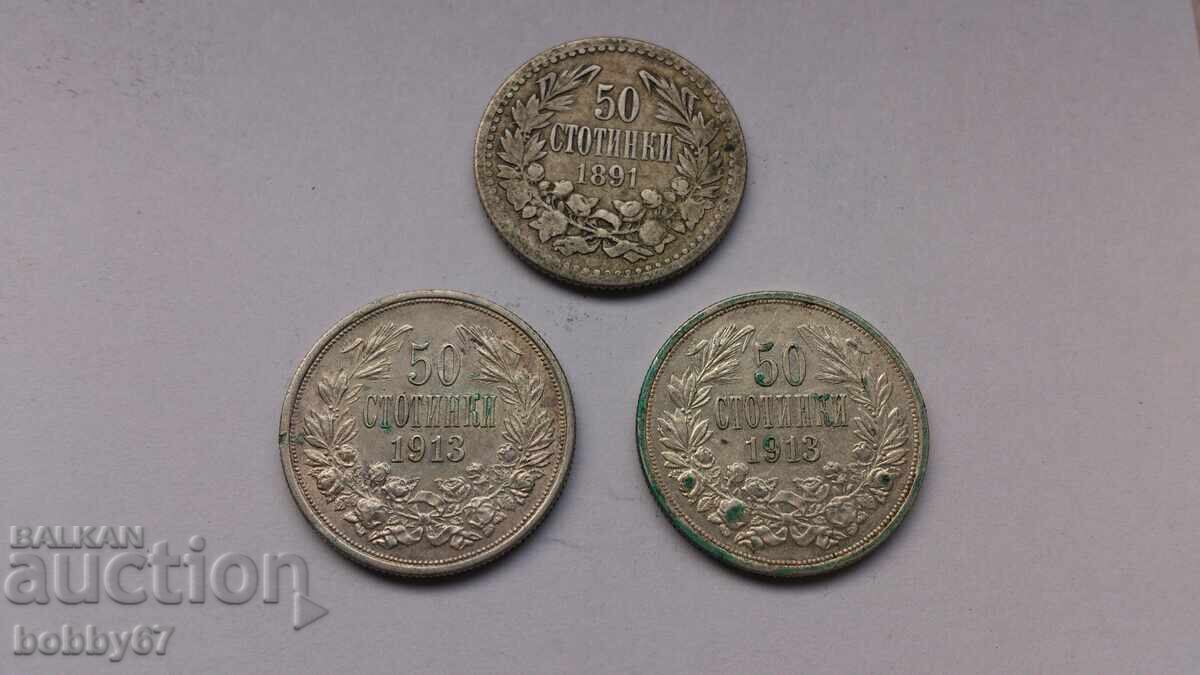 3 silver coins of 50 stotinki from 1891 and 1913 3 silver coins of 50 stotinki from 1891 and 1913