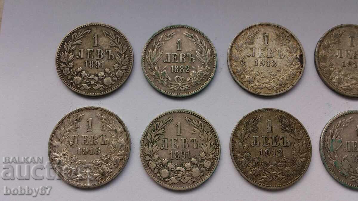 Auction  10 silver coins of 1 lev from 1882, 1891, 1912 and 1913