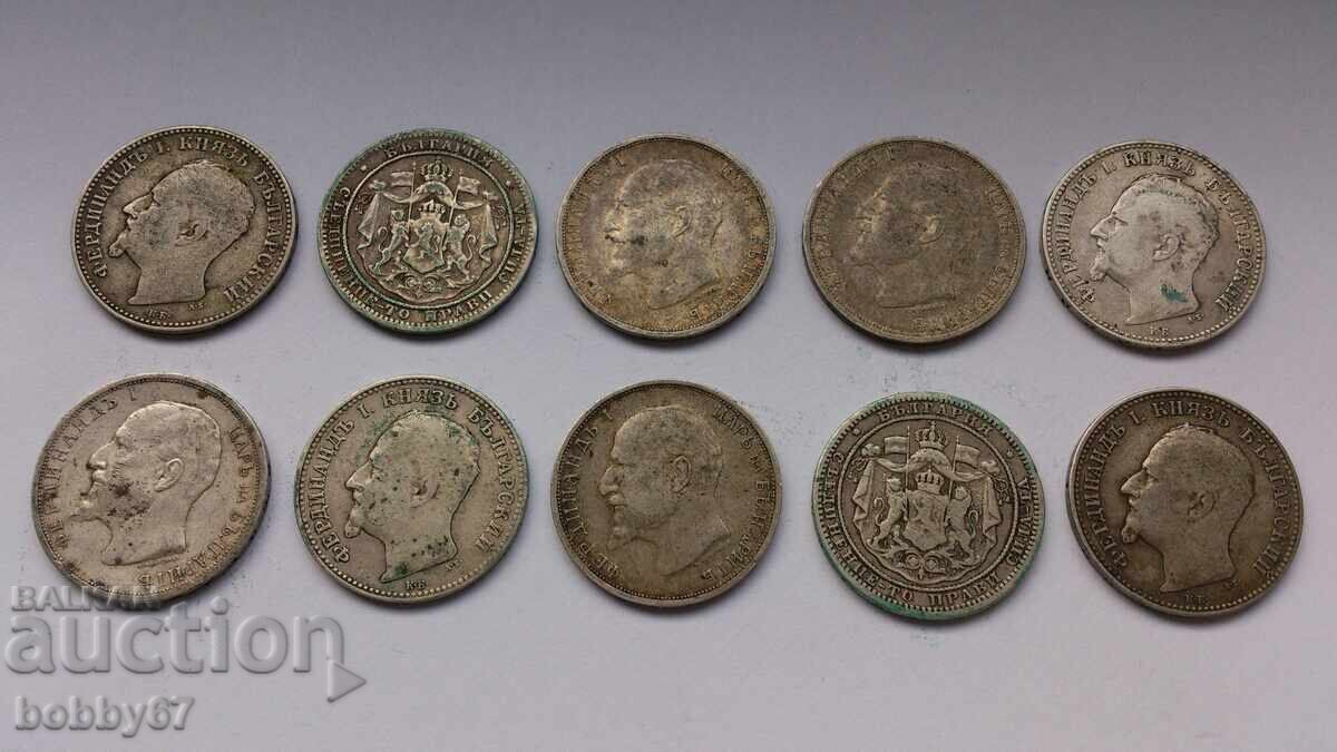 10 silver coins of 1 lev from 1882, 1891, 1912 and 1913 - 5