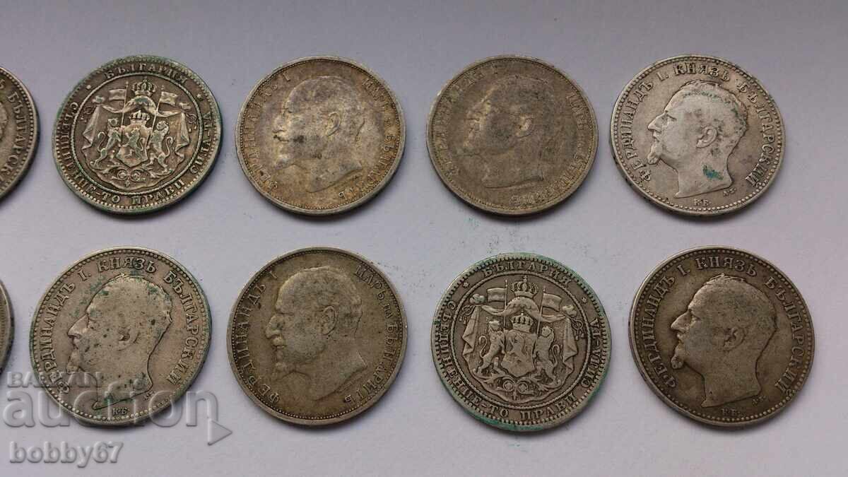 10 silver coins of 1 lev from 1882, 1891, 1912 and 1913 - 7