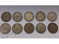 10 silver coins of 1 lev from 1882, 1891, 1912 and 1913