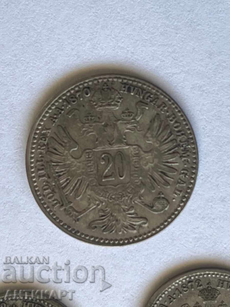 3 silver coins Austria, 2 of 10 Kreuzer 1872, and 20 Kreuzer 1870 with price 27.00 BGN | € 13.80 3 silver coins Austria, 2 of 10 Kreuzer 1872, and 20 Kreuzer 1870 with price 27.00 BGN | € 13.80