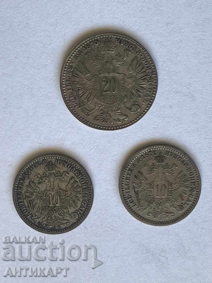3 silver coins Austria, 2 of 10 Kreuzer 1872, and 20 Kreuzer 1870 3 silver coins Austria, 2 of 10 Kreuzer 1872, and 20 Kreuzer 1870