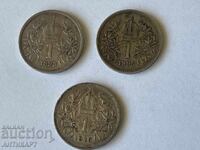 3 silver coins Austria 1 crown 1893, 1895, 1916
