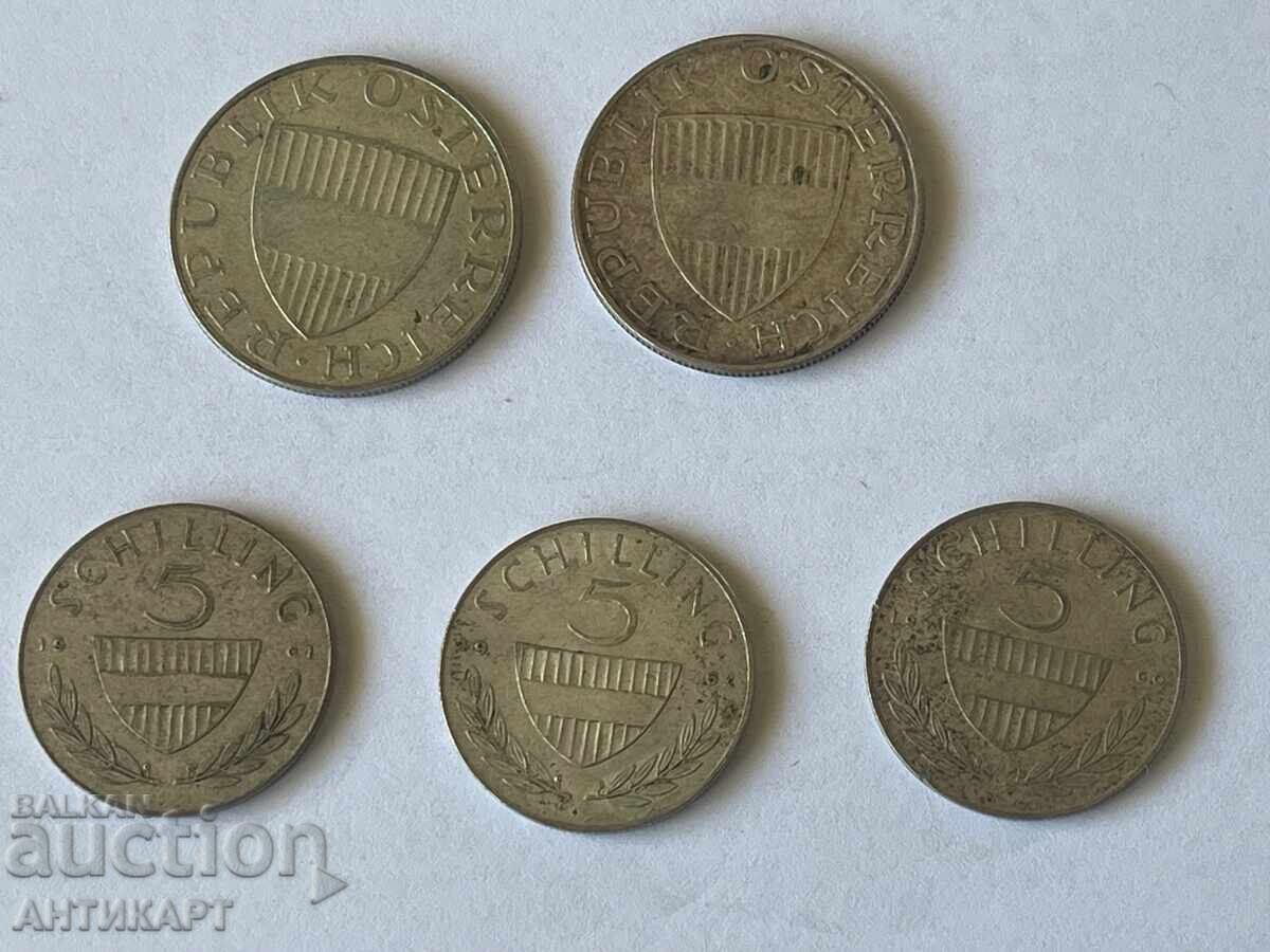 Delivery of 5 silver coins Austria 5 and 10 schillings 1958, 1960, 61, 62, 72 Delivery of 5 silver coins Austria 5 and 10 schillings 1958, 1960, 61, 62, 72