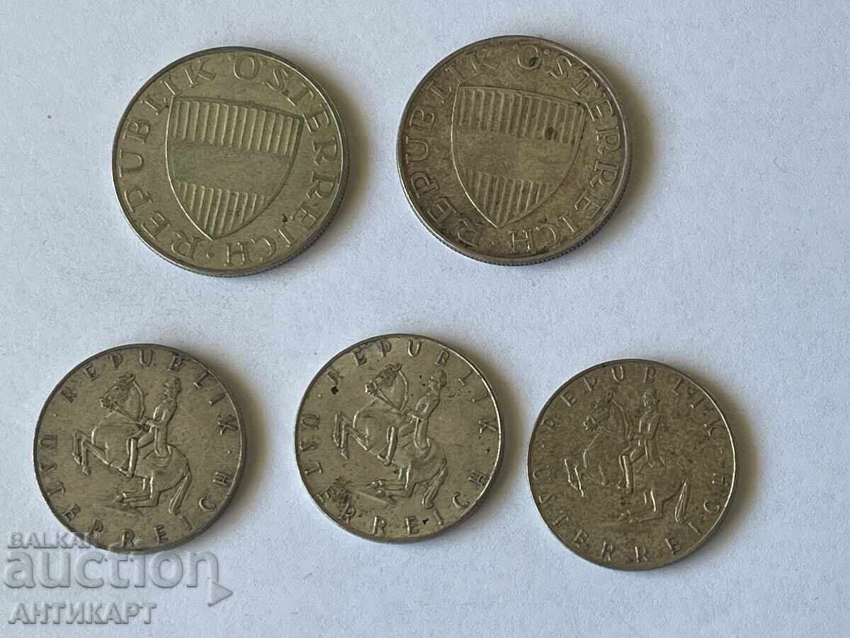 5 silver coins Austria 5 and 10 schillings 1958, 1960, 61, 62, 72 - 5 5 silver coins Austria 5 and 10 schillings 1958, 1960, 61, 62, 72 - 5