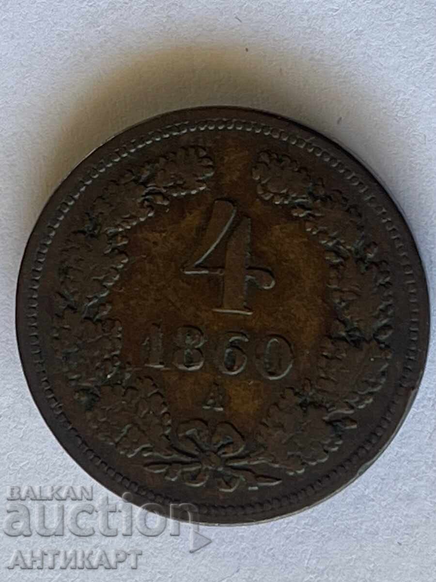 Copper coin Austria 4 kreutzer 1860 Copper coin Austria 4 kreutzer 1860