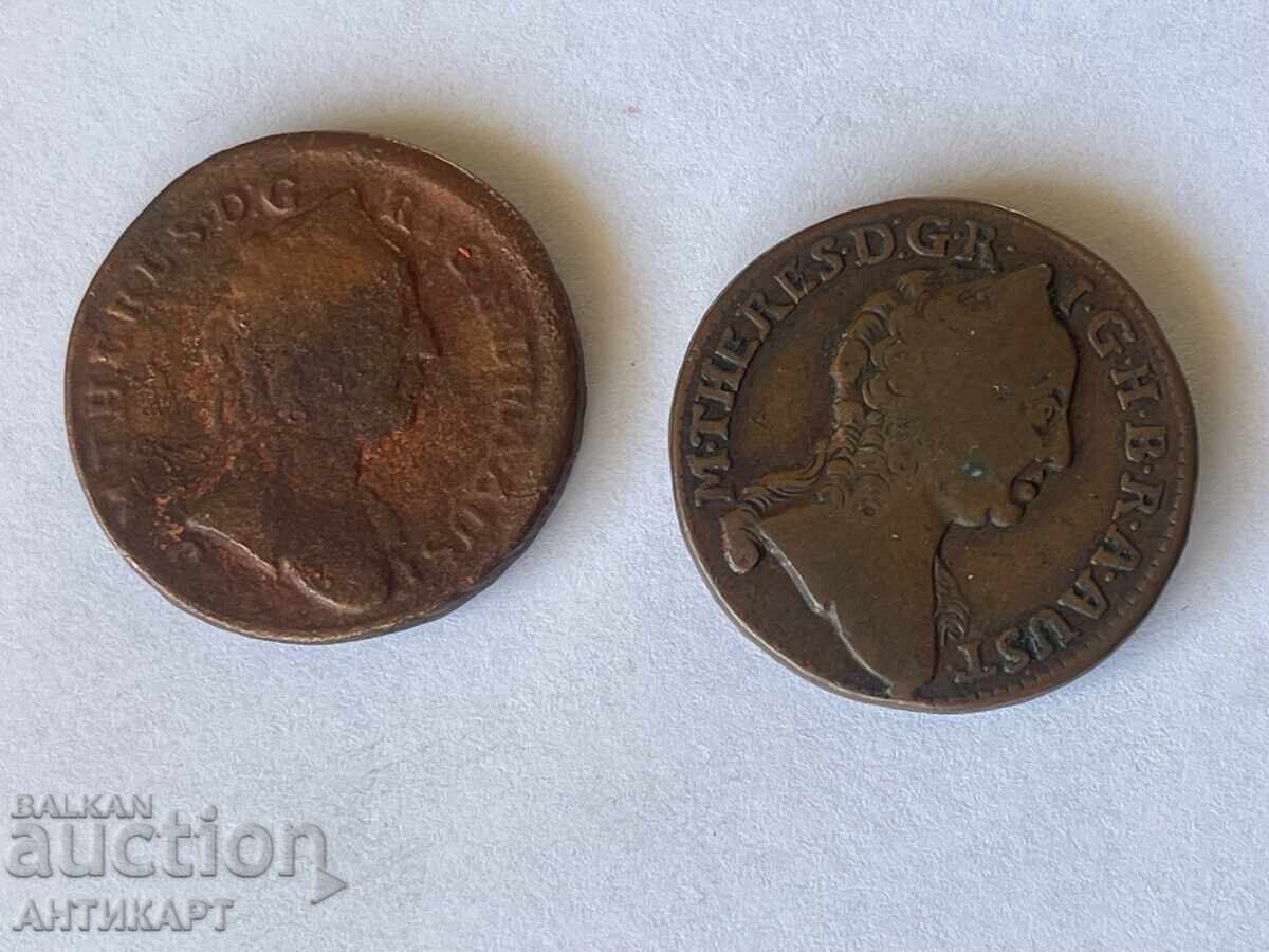 Auction 2 pieces copper coin Austria ein kreutzer 1762, 1763 Auction 2 pieces copper coin Austria ein kreutzer 1762, 1763