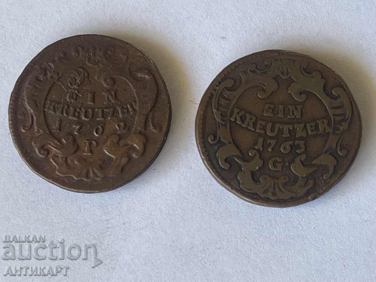 2 pieces copper coin Austria ein kreutzer 1762, 1763 2 pieces copper coin Austria ein kreutzer 1762, 1763