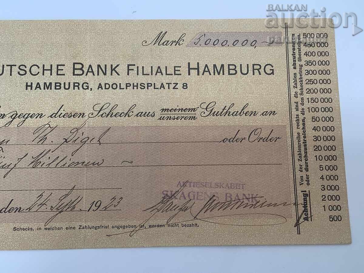 Доставка на Германия 5000000 марки 1923 година  - ЧЕК Хамбург