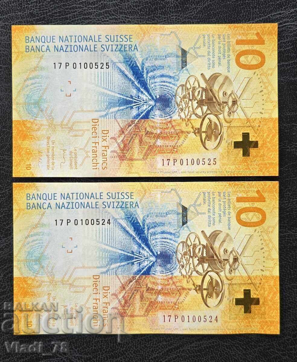 Auction 2 x 10 Swiss Francs 2017 UNC consecutive numbers Auction 2 x 10 Swiss Francs 2017 UNC consecutive numbers