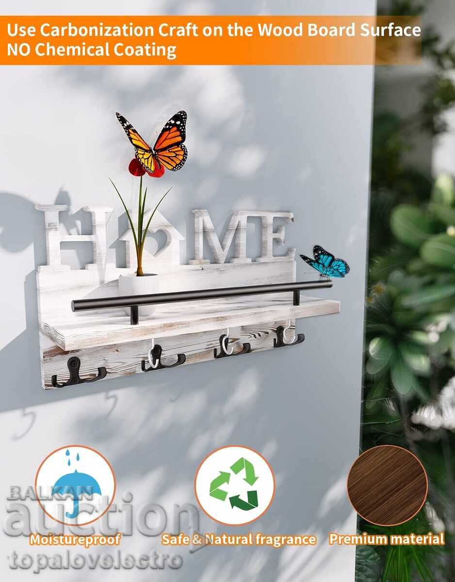 Auction  Wooden wall-mounted key box with 11 hooks and a shelf, white color