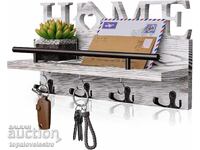 Cutie de chei din lemn pentru perete cu 11 cârlige și raft, culoare albă