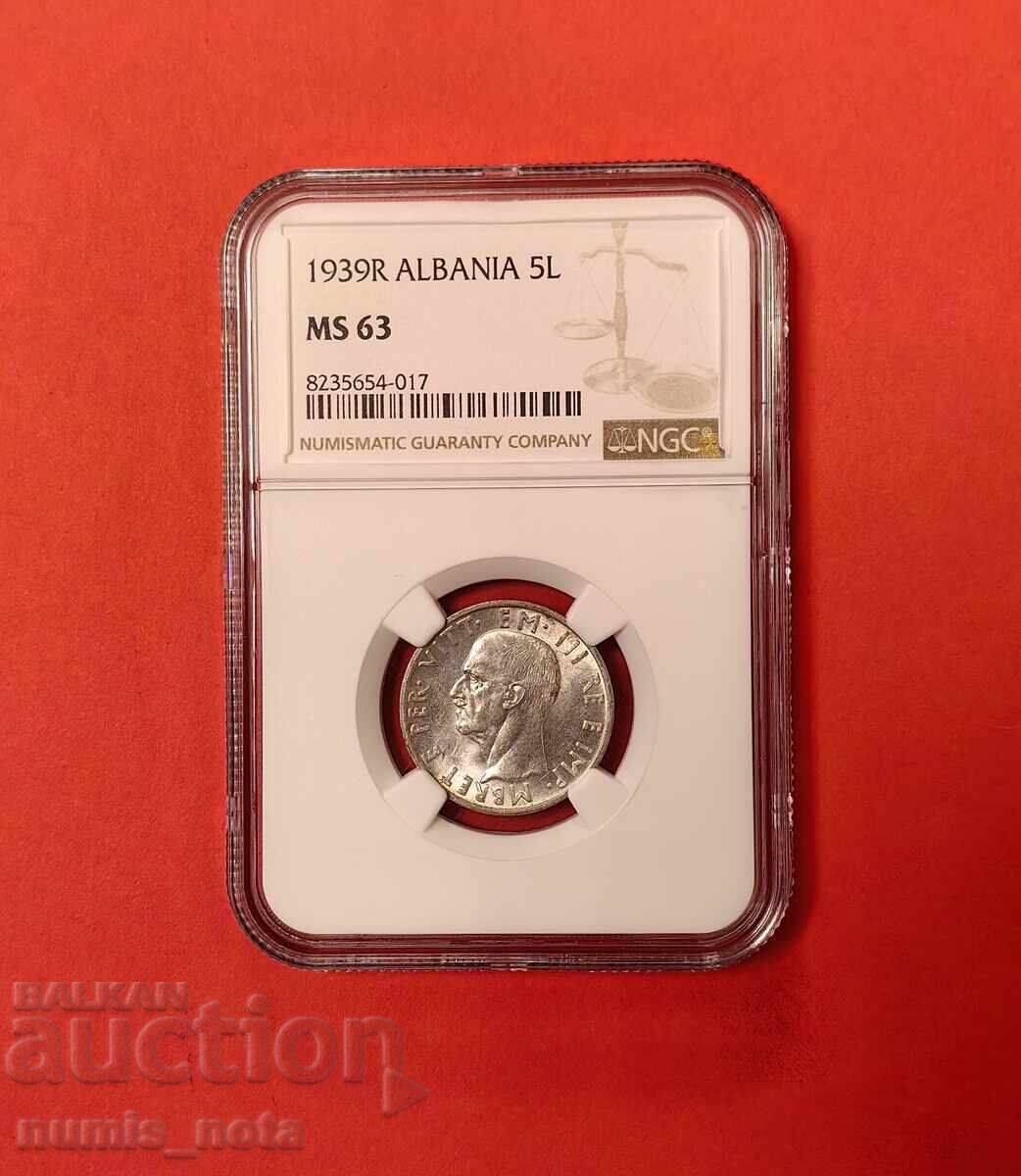 5 лек 1939 година Албания NGC MS 63