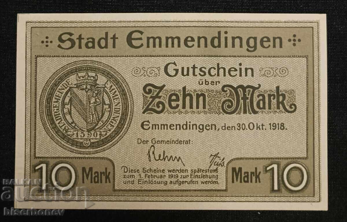 Γερμανία, Γερμανία 10 μάρκα Έμεντινγκεν, 1918, aUNC++