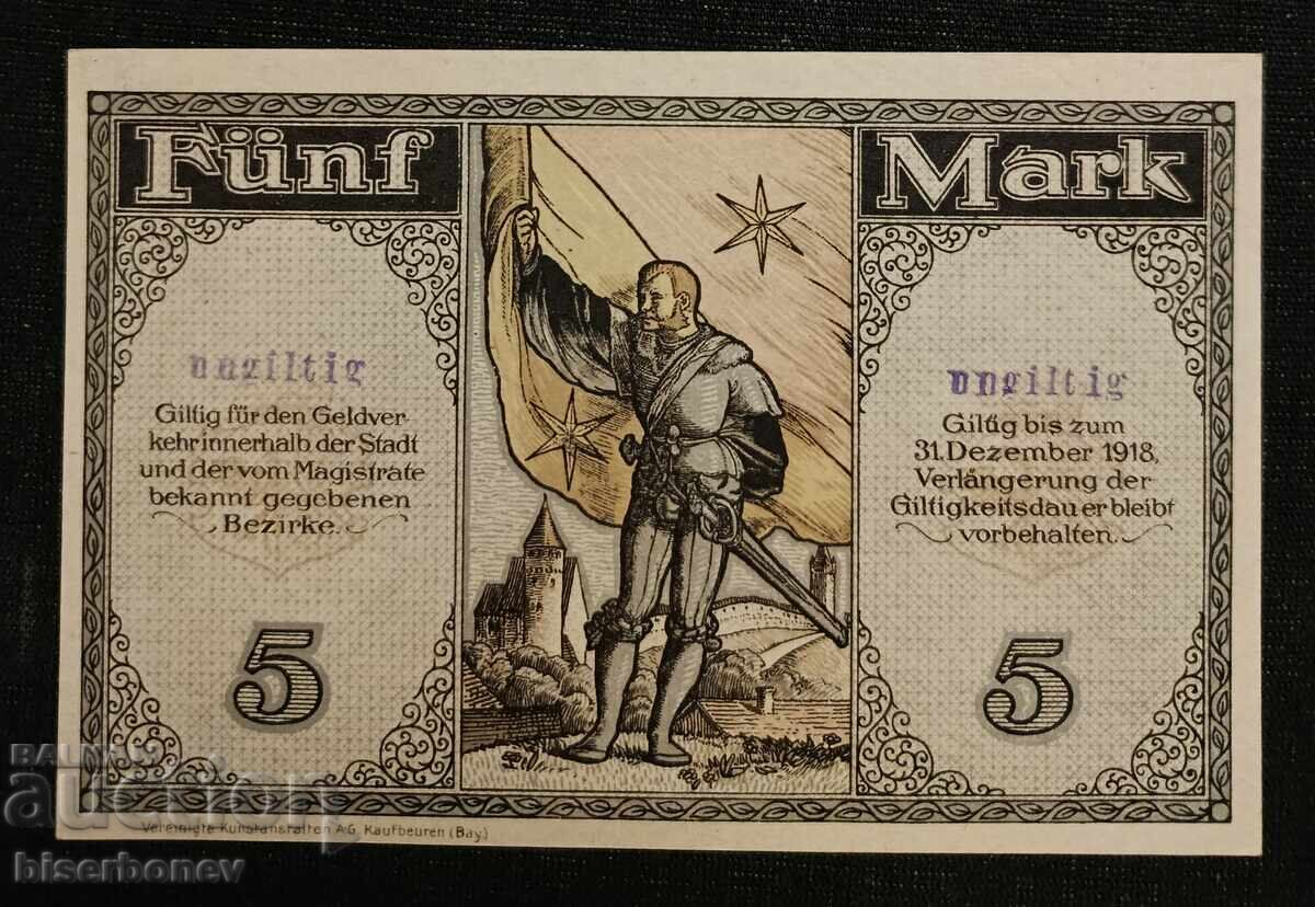 Germania, Germania 5 mărci Kaufbeuren 1918, UNC cu preț 15.00 BGN | € 7.67