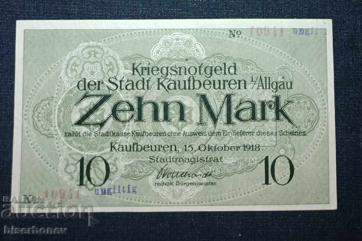 Γερμανία, Γερμανία 10 μάρκα Kaufbeuren 1918, aUNC+ Γερμανία, Γερμανία 10 μάρκα Kaufbeuren 1918, aUNC+