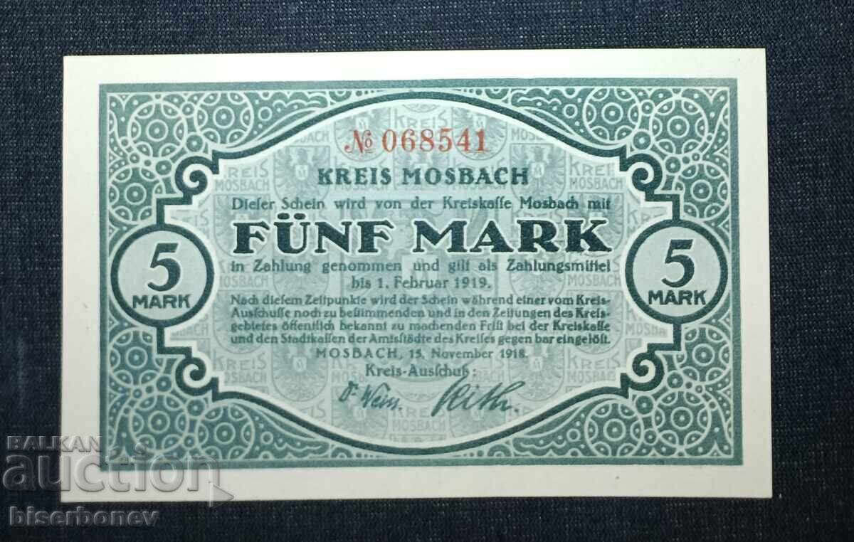 Germany, Germany 5 Mark Mosbach 1918, UNC