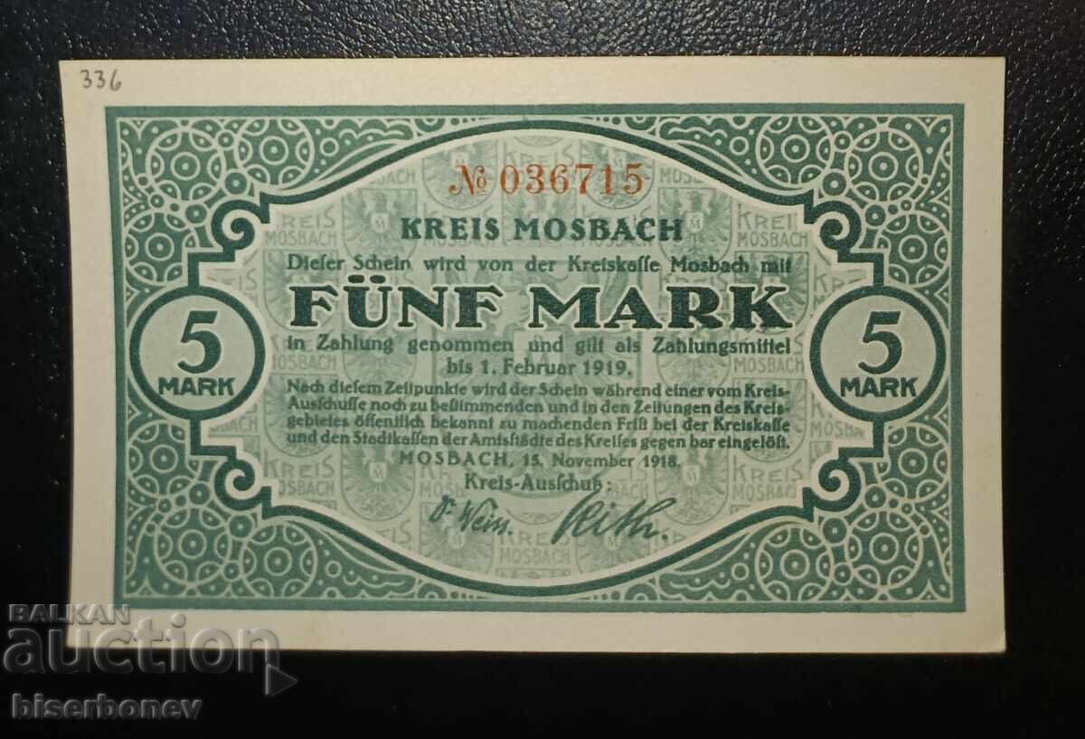 Germany, Germany 5 Mark Mosbach 1918, UNC Germany, Germany 5 Mark Mosbach 1918, UNC