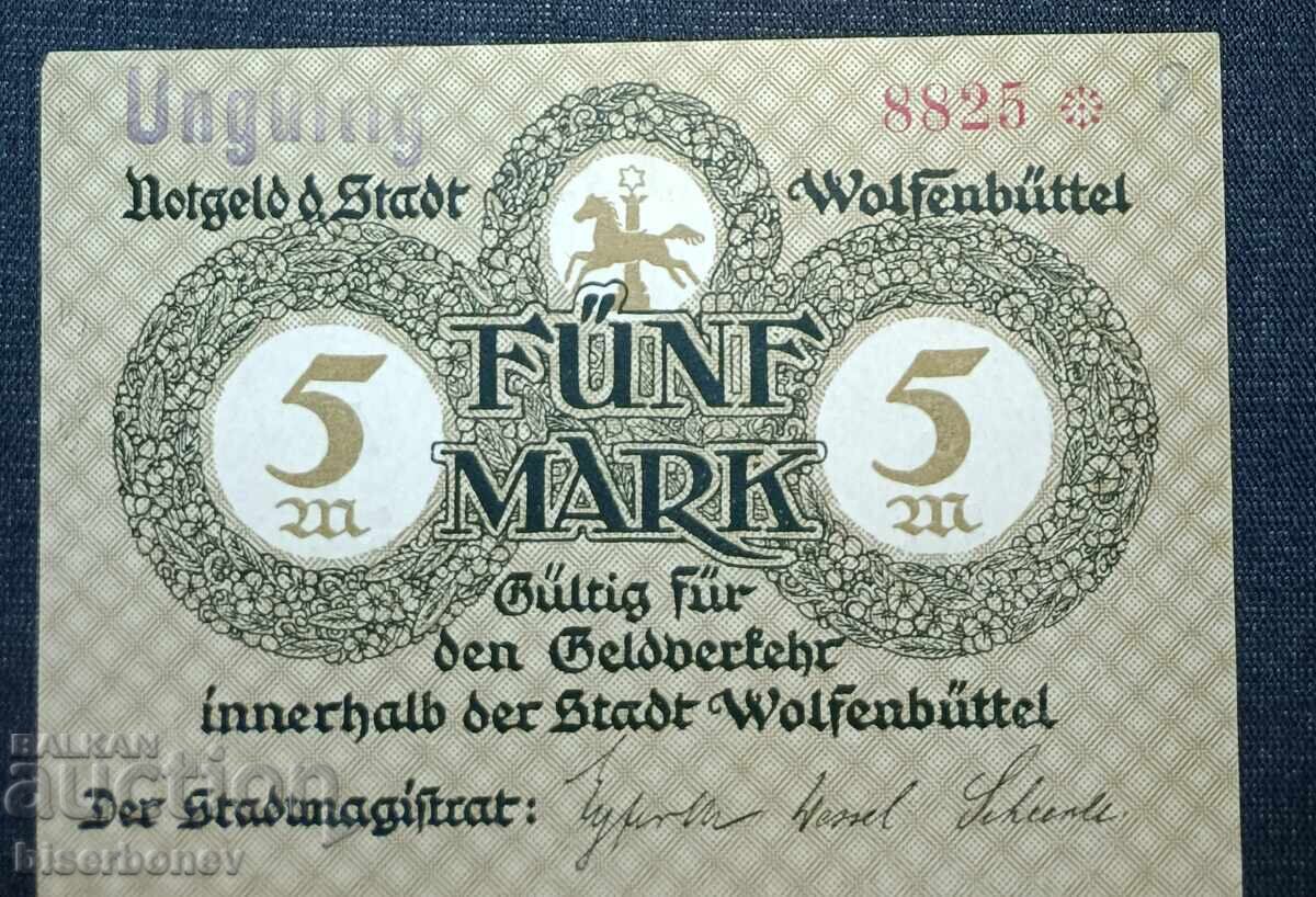 Germany, Germany 5 Mark Wolfenbüttel 1918, aUNC Germany, Germany 5 Mark Wolfenbüttel 1918, aUNC