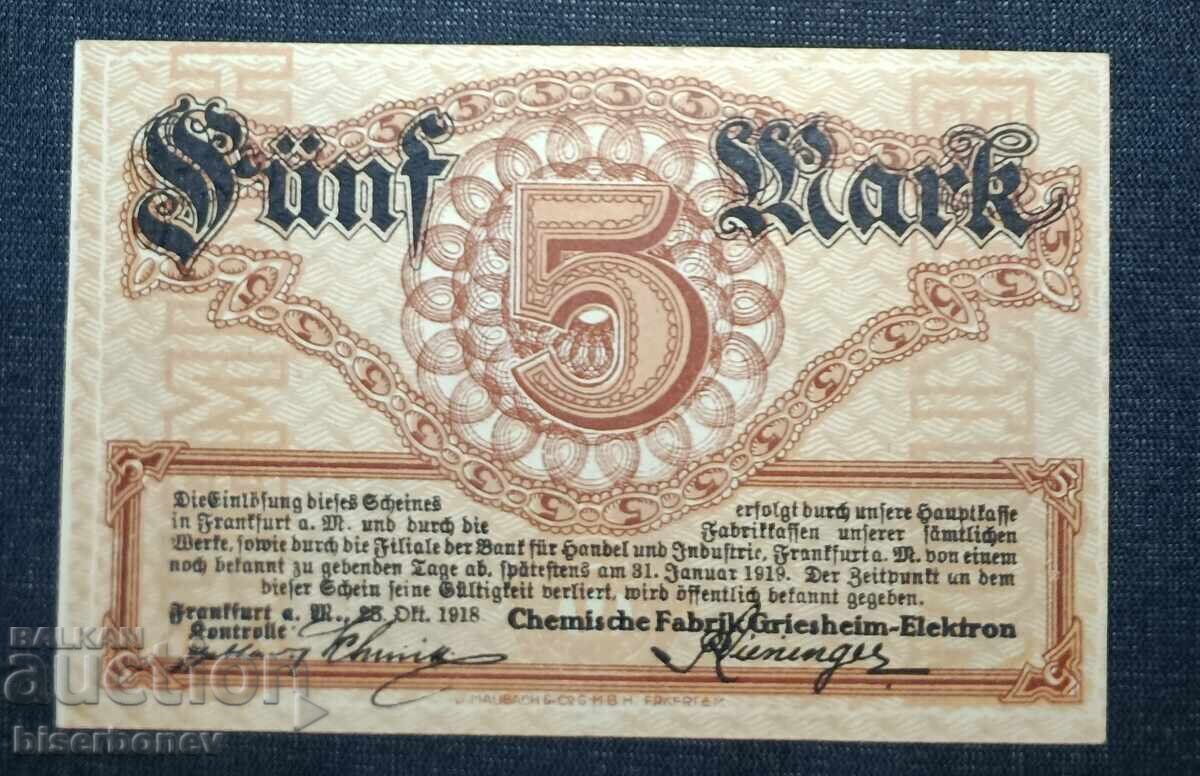 Γερμανία, Γερμανία, 5 μάρκα Φρανκφούρτη επί του Μάιν 1918, UNC με τιμή 19.00 BGN | € 9.71