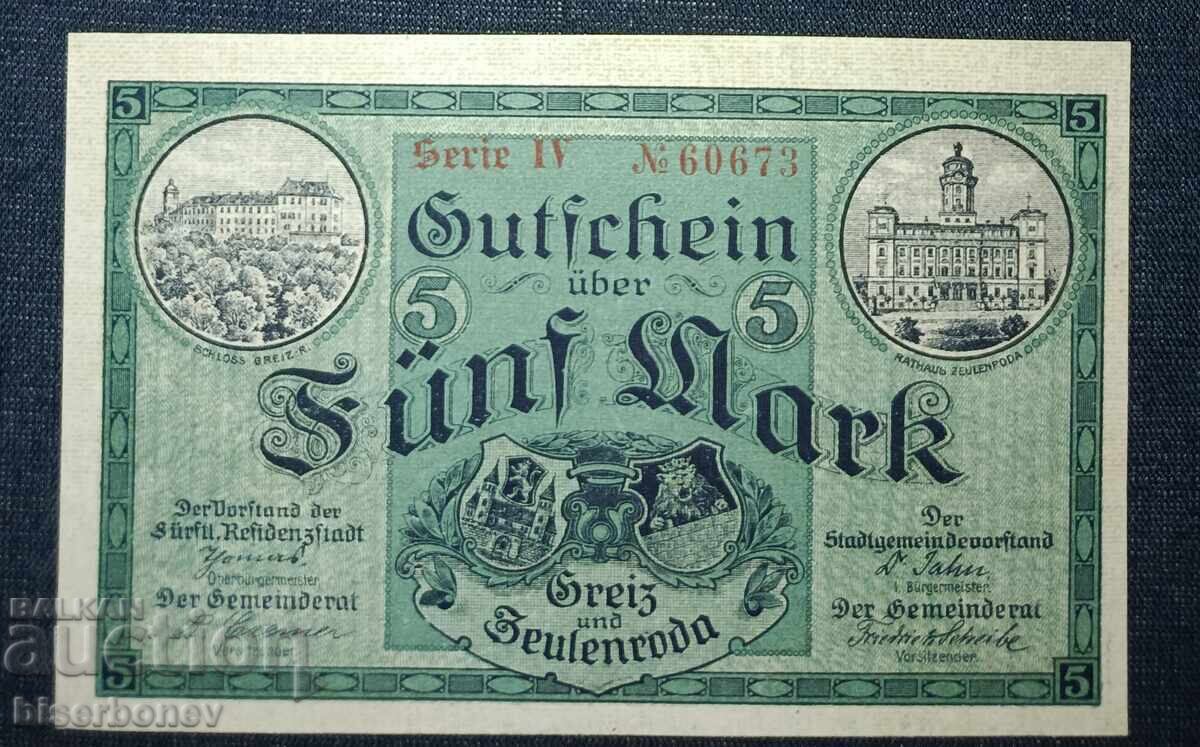 Germany 5 Mark Zeulenroda-Greiz 1918, UNC