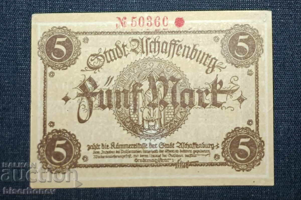 Germany, Germany 5 Mark Aschaffenburg 1918, XF+