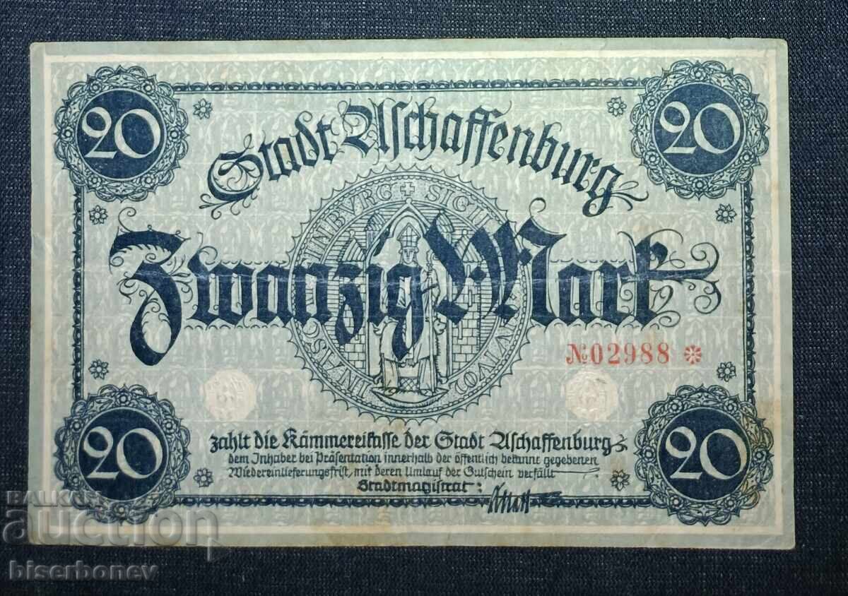 Germany, Германия 20 марки Асшафенбург 1918 г, VF/XF