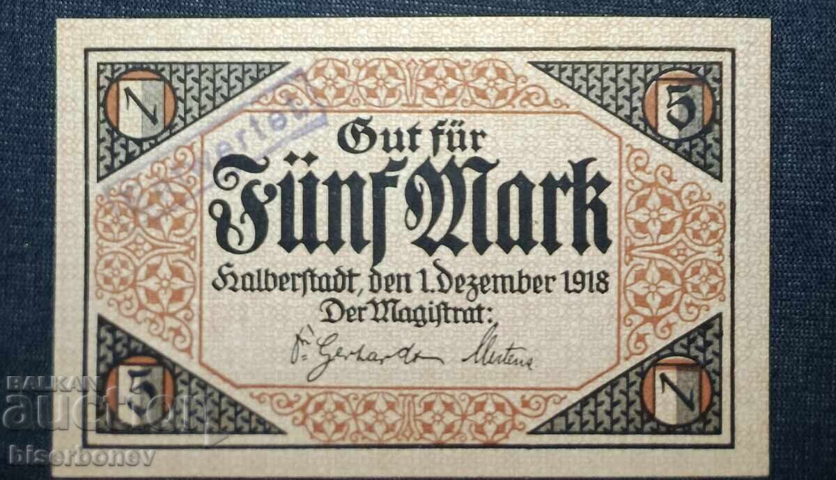 Germany, 5 Mark Halberstadt, 1918, UNC