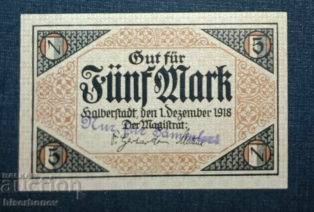 Germany, Germany 5 Mark Halberstadt 1918, UNC