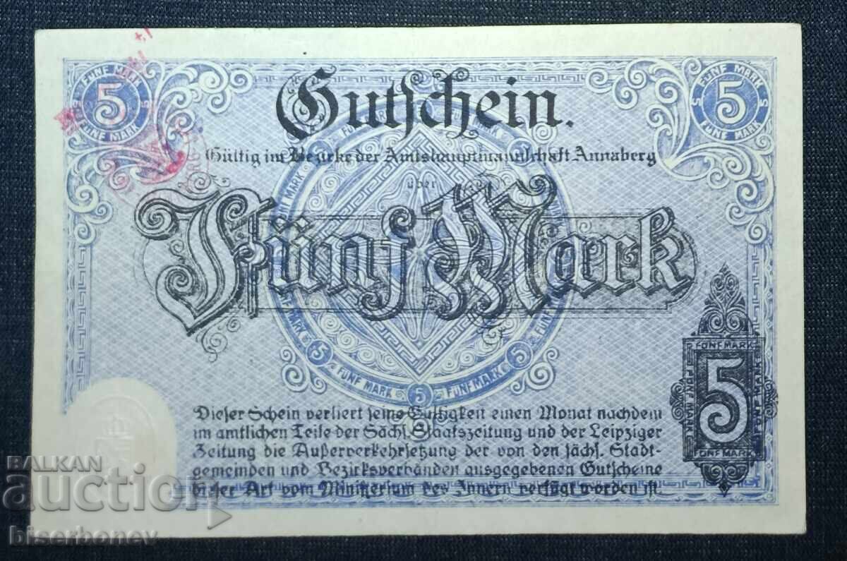 Germany, Германия , 5 марки Аннаберг 1918 г, XF с цена 11.00 лв. | € 5.62