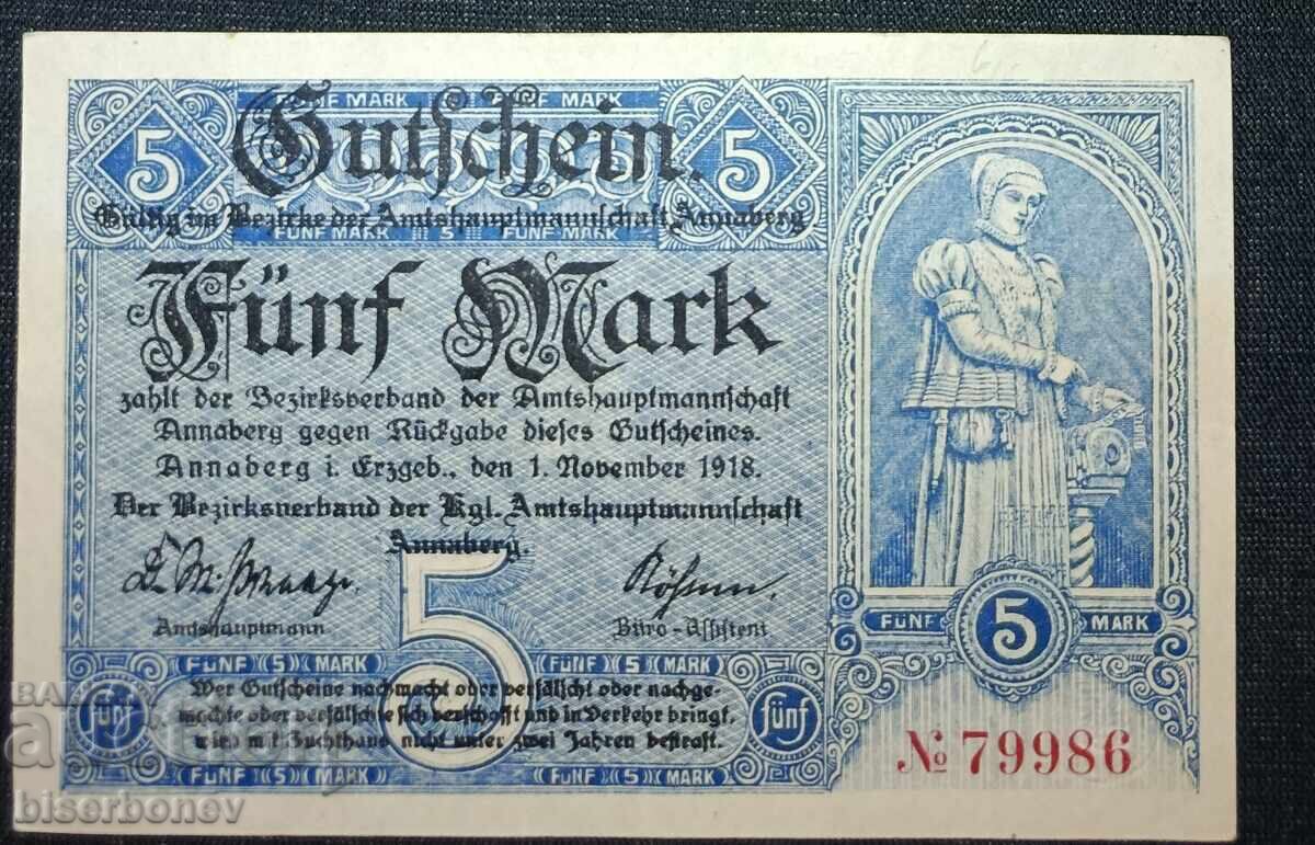Germany, Германия , 5 марки Аннаберг 1918 г, XF