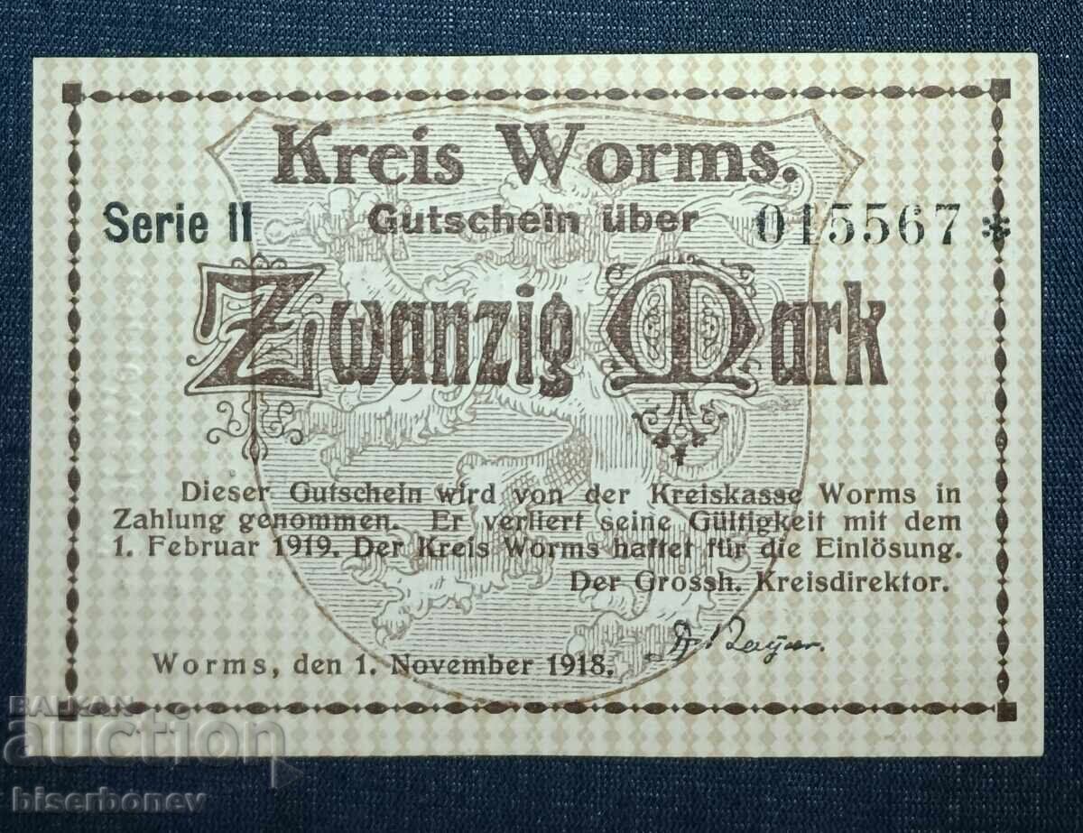 Γερμανία, Γερμανία, 20 μάρκα Worms, 1918, UNC Γερμανία, Γερμανία, 20 μάρκα Worms, 1918, UNC