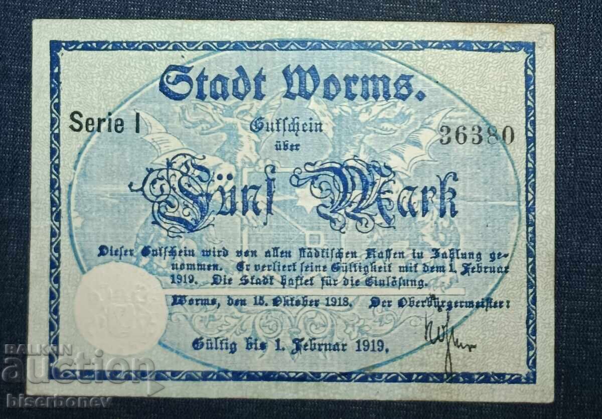 Γερμανία, Γερμανία, 5 μάρκα Worms 1918, VF/XF