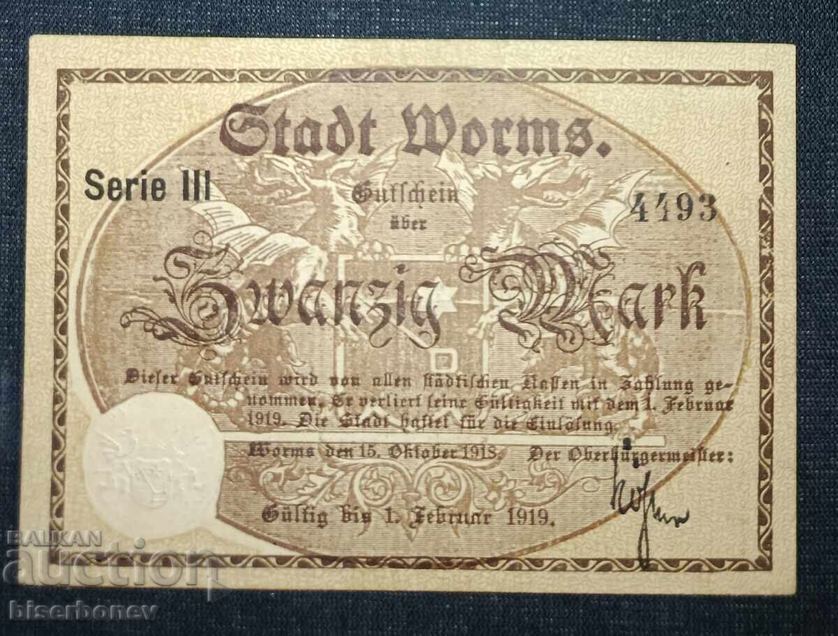 Γερμανία, Γερμανία, 20 μάρκα Βορμς 1918, XF