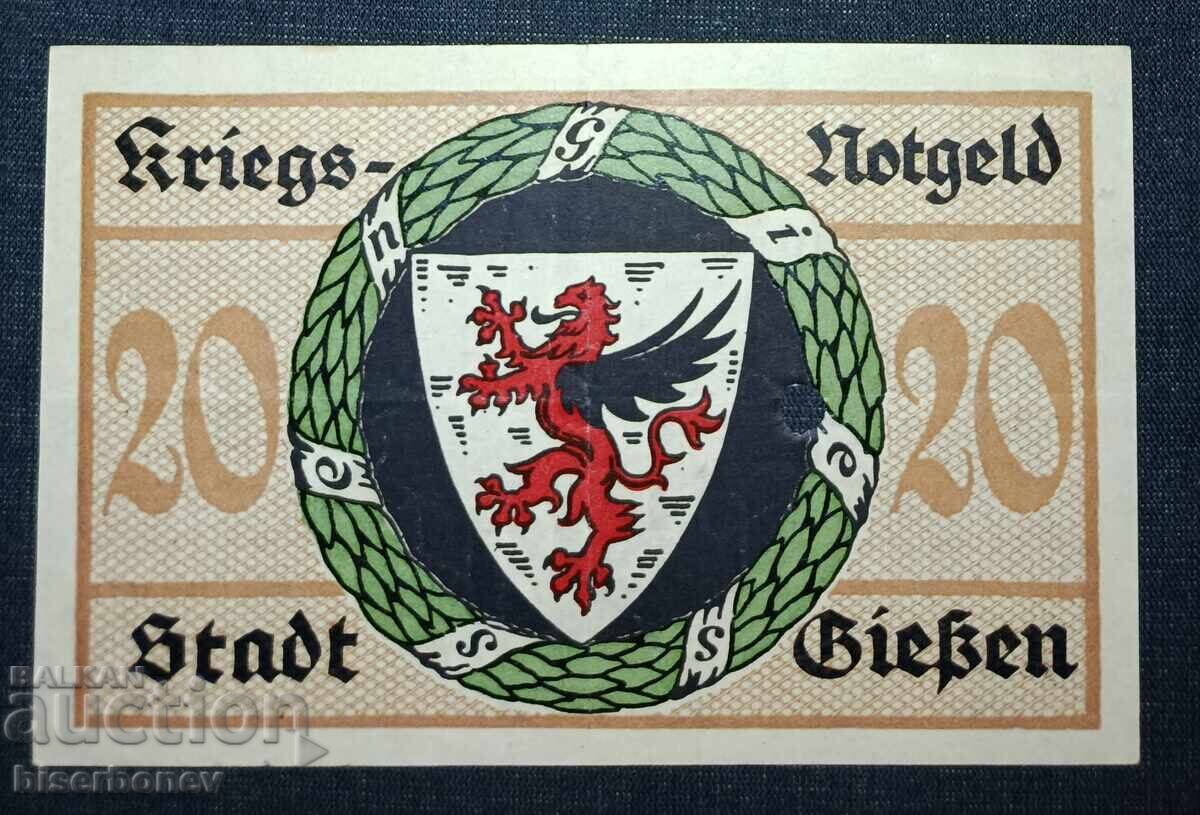 Germania, Germania, 20 mărci Giessen 1918, VF cu preț 6.00 BGN | € 3.07