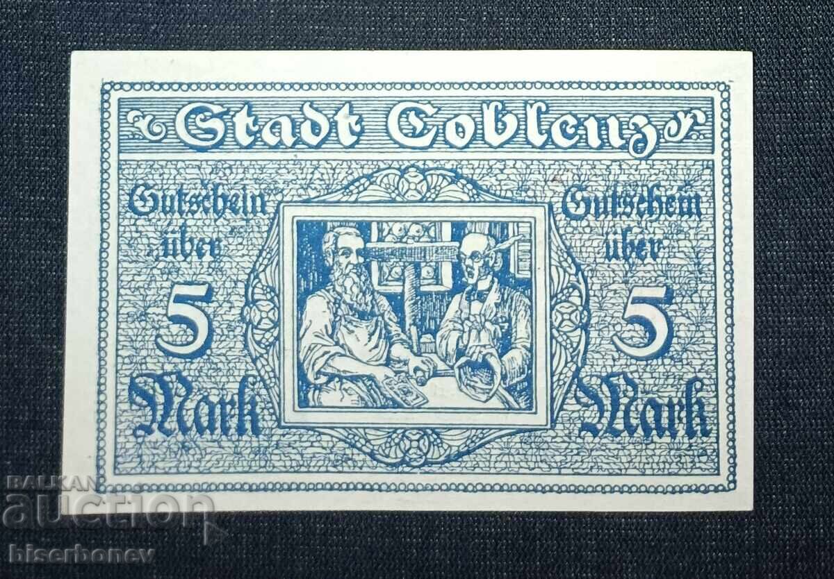 Germany, Germany 5 Mark Koblenz, 1918, UNC with price 17.00 BGN | € 8.69