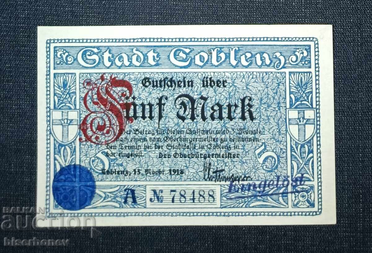 Germany, Germany 5 Mark Koblenz, 1918, UNC