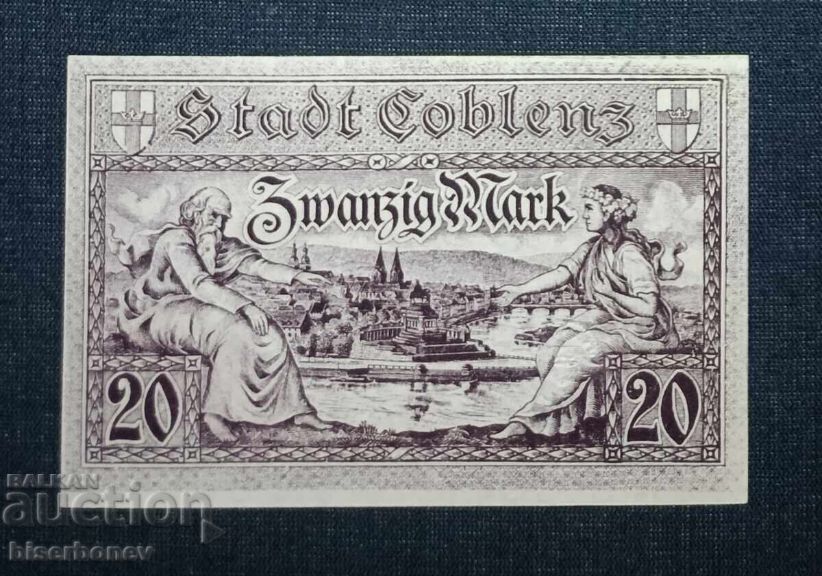 Germania, Germania 20 mărci Koblenz, 1918, UNC cu preț 19.00 BGN | € 9.71