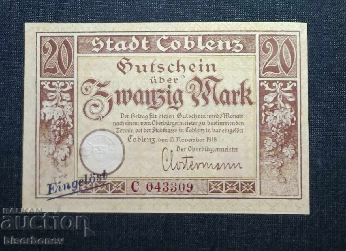 Germania, Germania 20 mărci Koblenz, 1918, UNC