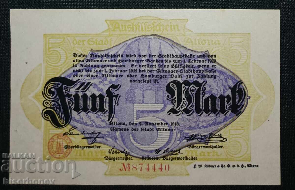 Germany, Германия,  5 марки Алтона, 1918 г, UNC