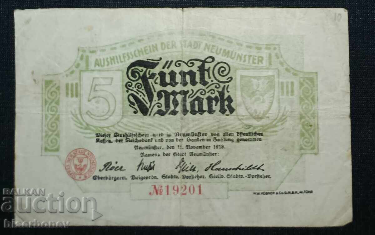 Γερμανία, Γερμανία, 5 μάρκα Νόιμουνστερ, 1918, VF